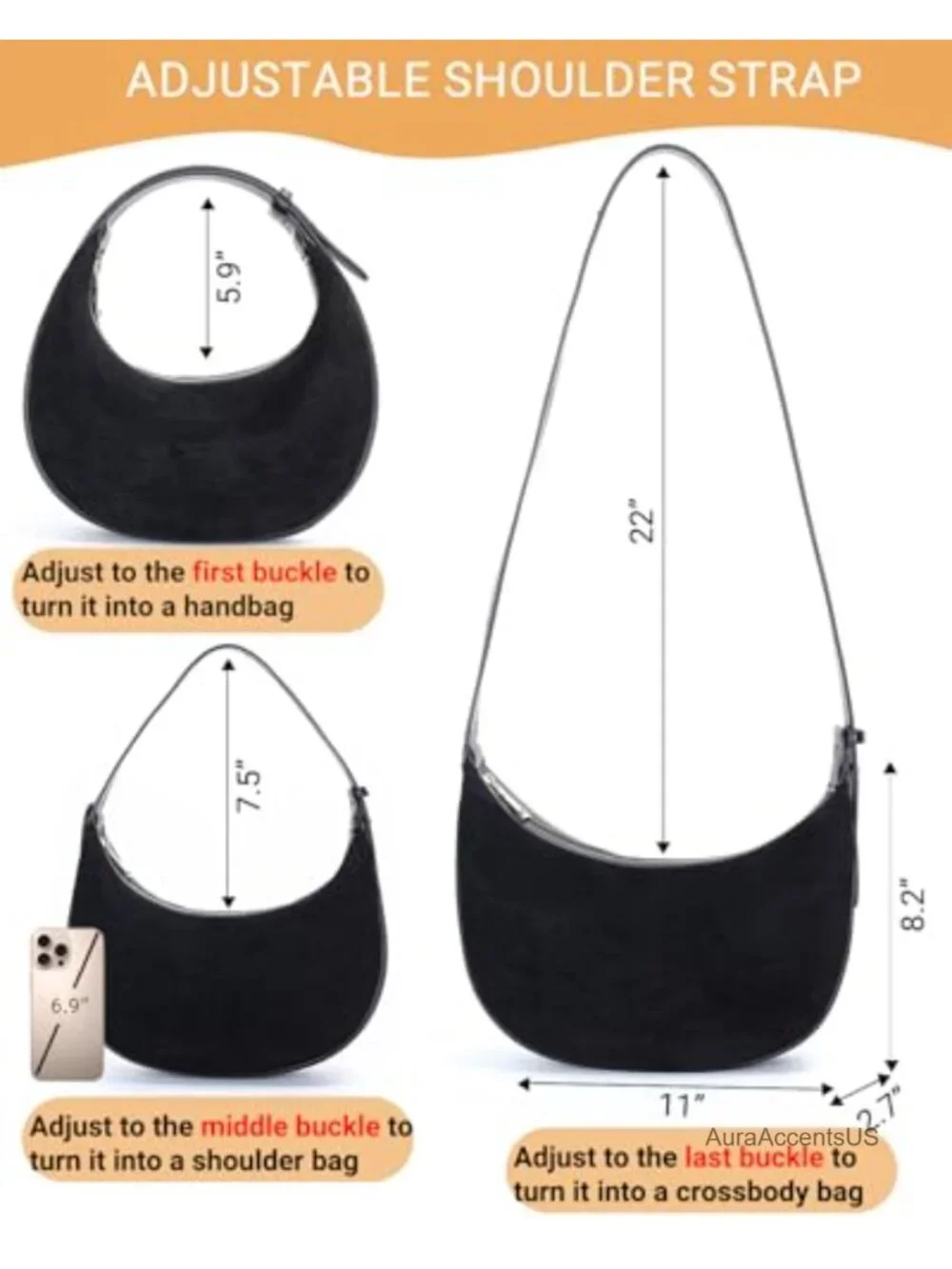 Women's Suede Leather Hobo Shoulder Crossbody Bag Adjustable Strap